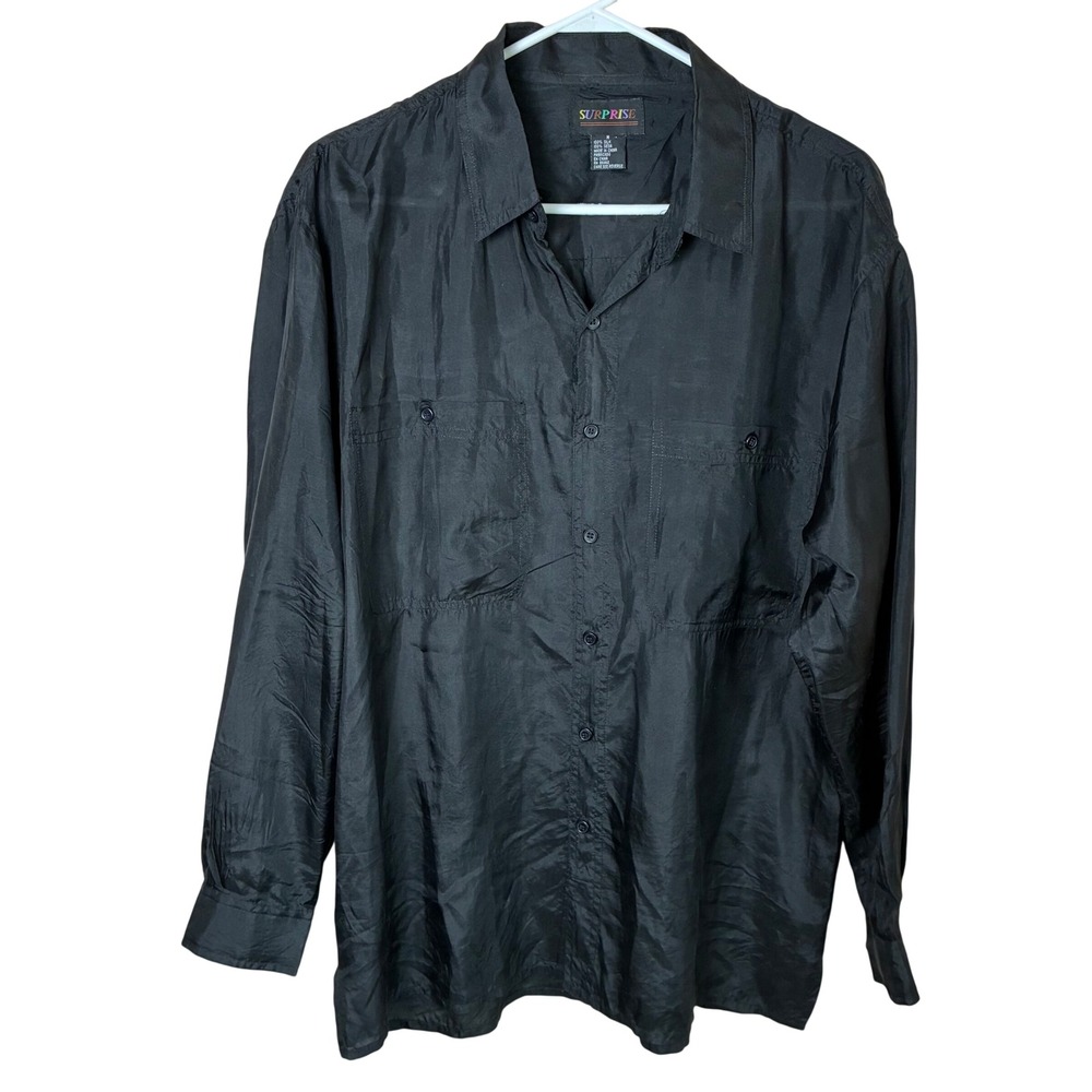 Vintage Surprise Mens Black 100% Silk Button Down Shirt Long Sleeve 80s 90s M